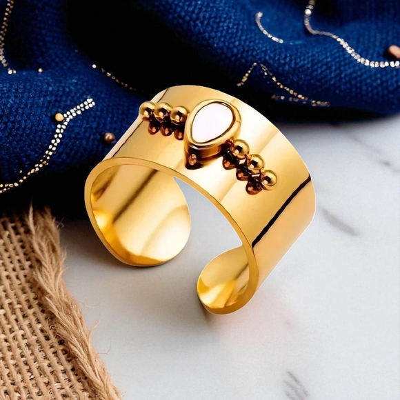 🆕️18K Gold Plated Stainless Steel Adjustable Ring w/ Natural Shell Inlay ✨️ 🌿 - Picture 12 of 16